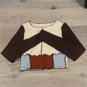 Long sleeve color block patchwork long sleeve crop top